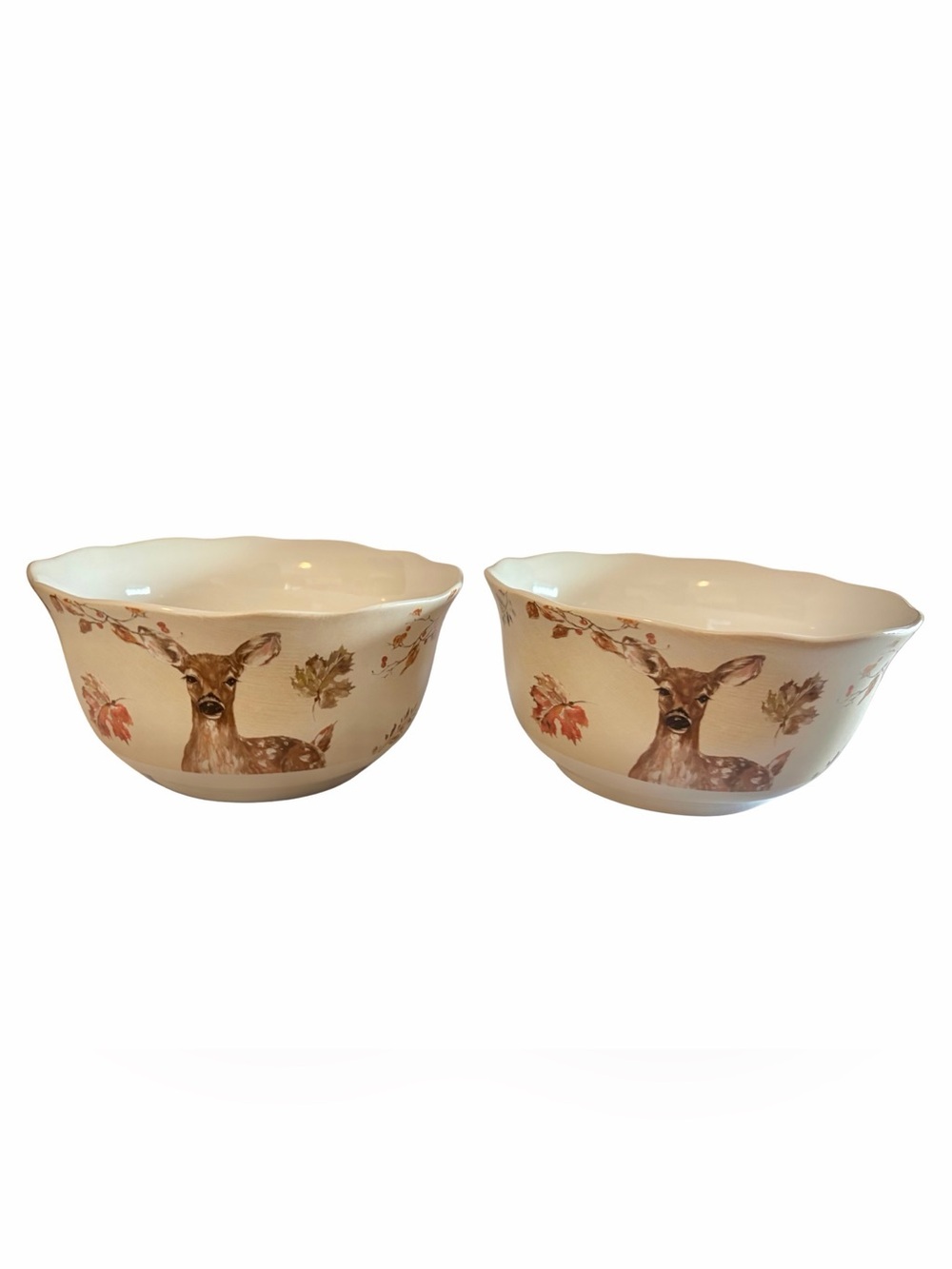 Harvest Spice Deer & Autumnal Motif 6” Porcelain Serving Bowls Cream Set of (2)